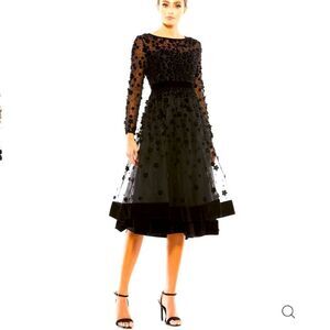 MAC DUGGAL EMBELLISHED ILLUSION HIGH NECK LONG SLEEVE FIT & FLARE